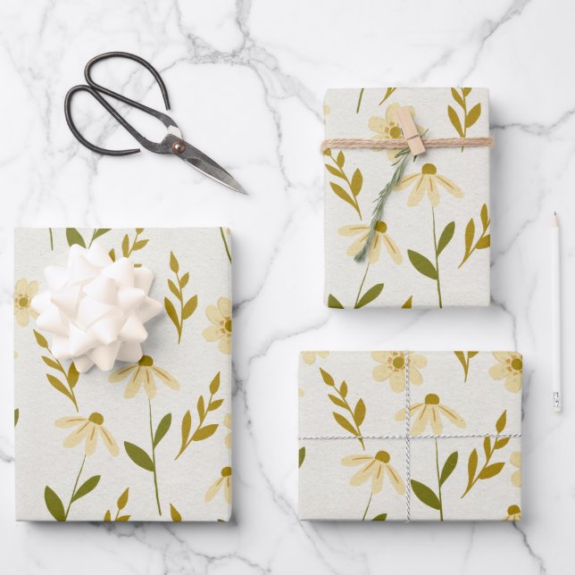 Elegant Daisy Floral Design Ivory Greenery Branch Wrapping Paper Sheet (Front)