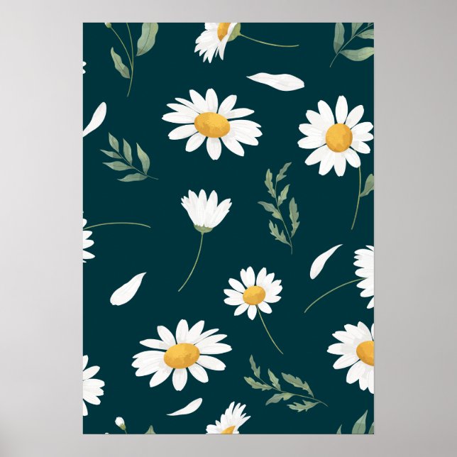 Elegant Daisy Floral Pattern Art Poster – Dark  (Front)