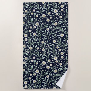 Elegant Daisy Floral Pattern on Dark Background Beach Towel