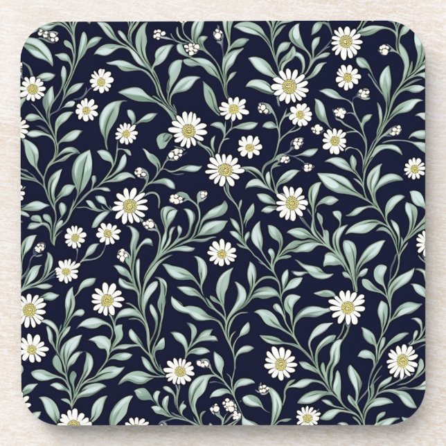 Elegant Daisy Floral Pattern on Dark Background Coaster (Front)