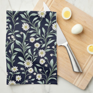 Elegant Daisy Floral Pattern on Dark Background Kitchen Towel