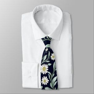 Elegant Daisy Floral Pattern on Dark Background Tie