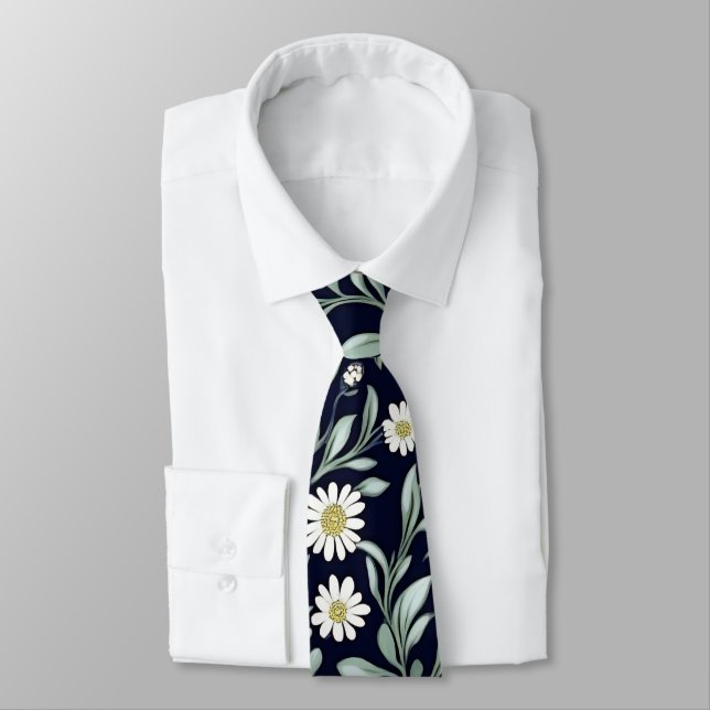 Elegant Daisy Floral Pattern on Dark Background Tie (Tied)