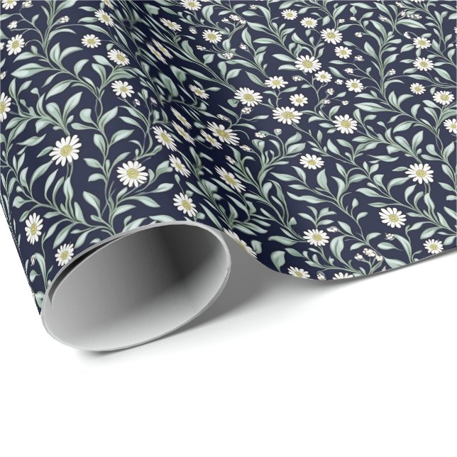 Elegant Daisy Floral Pattern on Dark Background Wrapping Paper (Roll Corner)