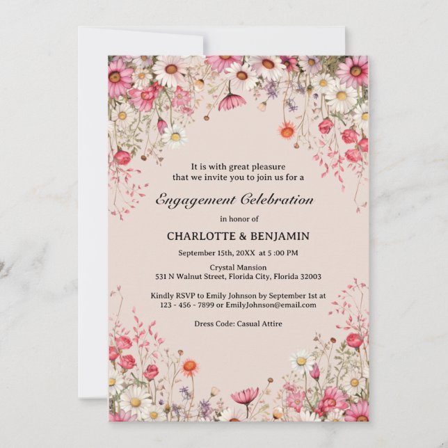Elegant Daisy Floral Spring Engagement Party Invitation (Front)