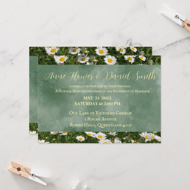 Elegant Daisy Green Catholic Wedding Invitation (Front/Back In Situ)