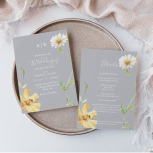 Elegant Daisy   Grey Monogram Details All In One Invitation