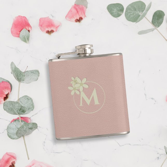 Elegant Daisy Monogram Pink Faux Leather Look Hip Flask (A pretty blush pink hip flask makes the perfect Mother's Day gift for your Mom (or yourself))