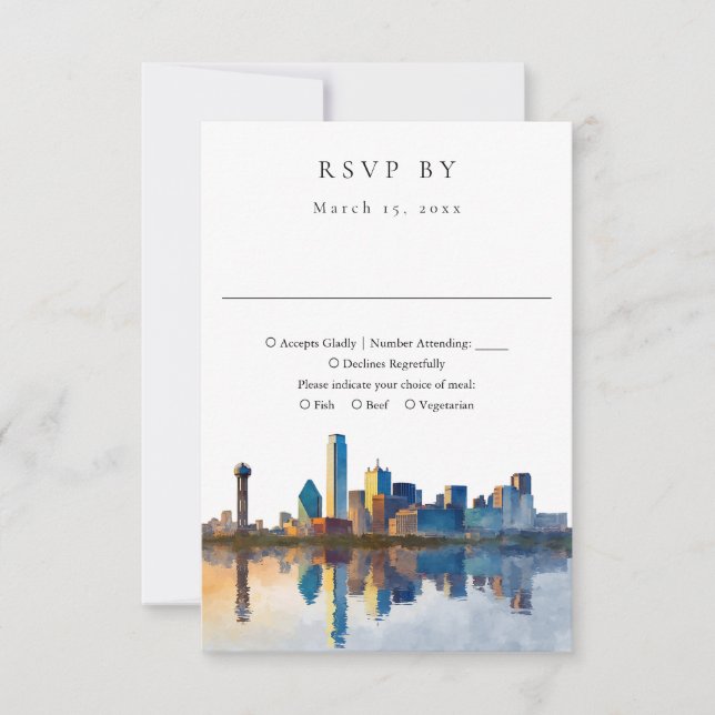 Elegant Dallas Skyline Watercolor Wedding RSVP Card (Front)