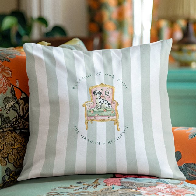 Elegant Dalmatian | Personalized Monogram Welcome Throw Pillow (Creator Uploaded)