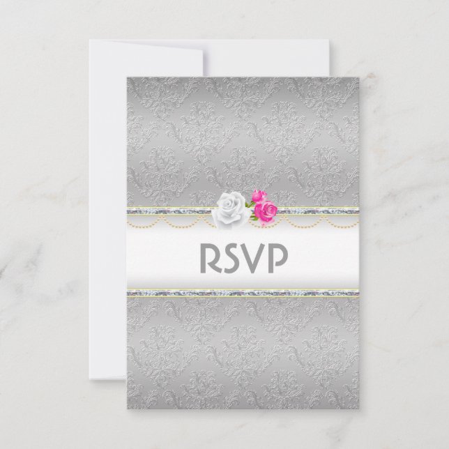 Elégant Damas d'argent et rose rose RSVP (Devant)
