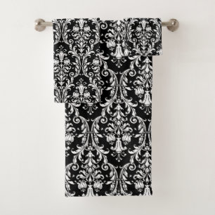 Élégant Damas Floral Blanc Classique Sur Noir