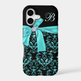 Élégant damas noir aqua diamant noeud papillon mon