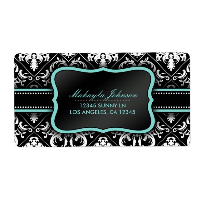 Elégant Damas noir et blanc avec bleu turquoise (Devant)