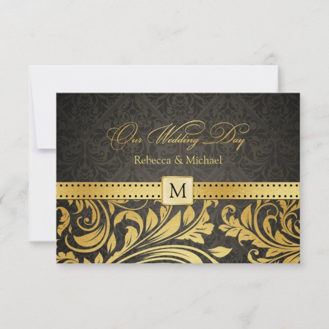 Élégant Damas noir et or avec Monogram RSVP (Devant)