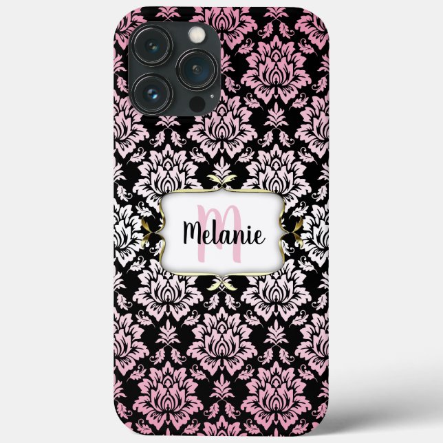 Élégant Damas rose et noir avec Coque Monogram-M (Verso)