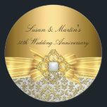 Elegant Damask 50th Wedding Anniversary Sticker<br><div class="desc">Anniversary Sticker. Gold damask & pearl jewel with bow. Exclusive Zazzle. Customize with your own details. PLEASE NOTE all flat images! They Do NOT have Diamonds or Jewels!!</div>