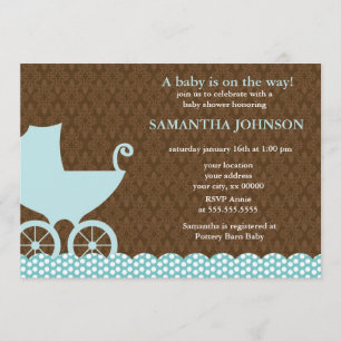 Elegant Damask and Baby Carriage Invitations