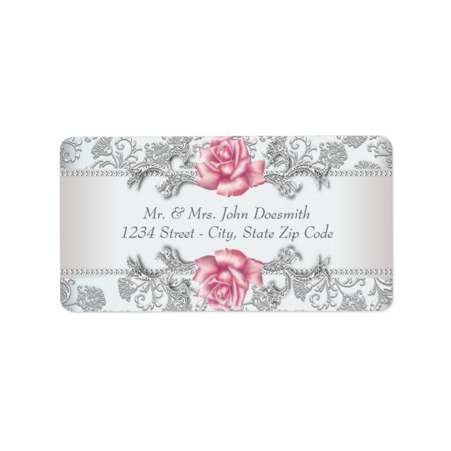Elegant Damask and Pink Rose Address Labels (Front)