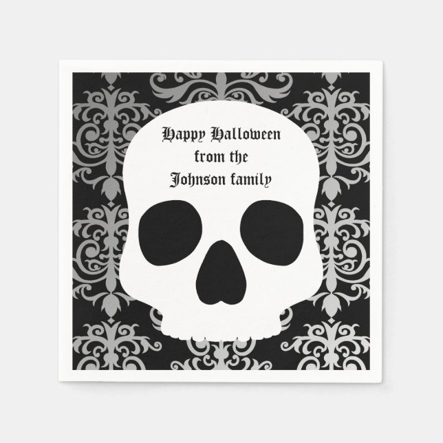 Elegant damask and skull Halloween personalized Napkin (Front)