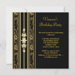 Elegant Damask Birthday Party Gold Black Invitation