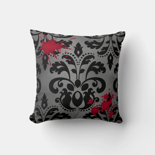 Elegant damask black and grey with blood Halloween Throw Pillow (Front)
