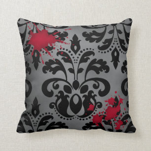 Elegant damask black and grey with blood Halloween Throw Pillow