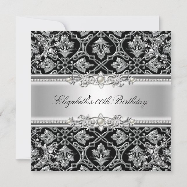 Elegant Damask Black Silver Floral Birthday Party Invitation (Front)