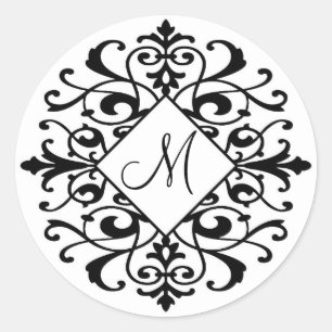 Elegant Damask Black White Scroll Monogram Initial Classic Round Sticker