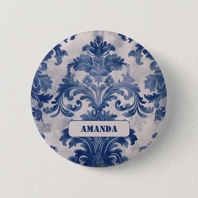 Elegant damask Blue toile de jouy monogram 2 Inch Round Button (Front)