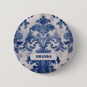 Elegant damask Blue toile de jouy monogram 2 Inch Round Button