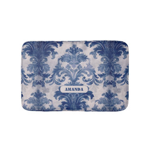 Elegant damask Blue toile de jouy monogram Bath Mat