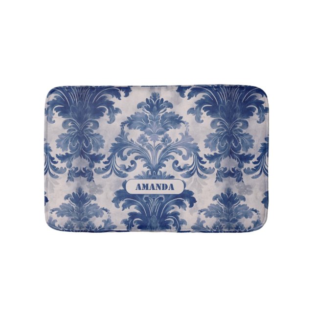 Elegant damask Blue toile de jouy monogram Bath Mat (Front)