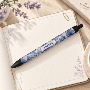 Elegant damask Blue toile de jouy monogram Black Ink Pen