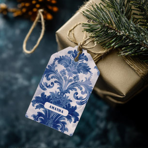Elegant damask Blue toile de jouy monogram Gift Tags