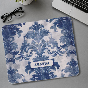 Elegant damask Blue toile de jouy monogram Mouse Pad