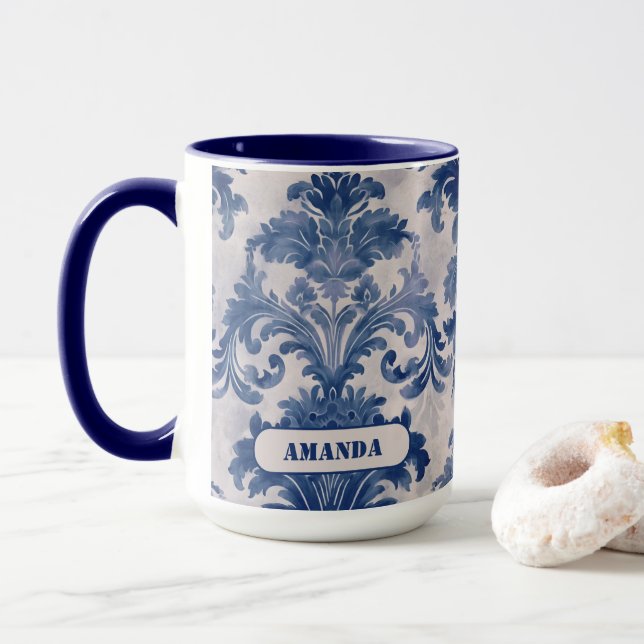 Elegant damask Blue toile de jouy monogram Mug (With Donut)
