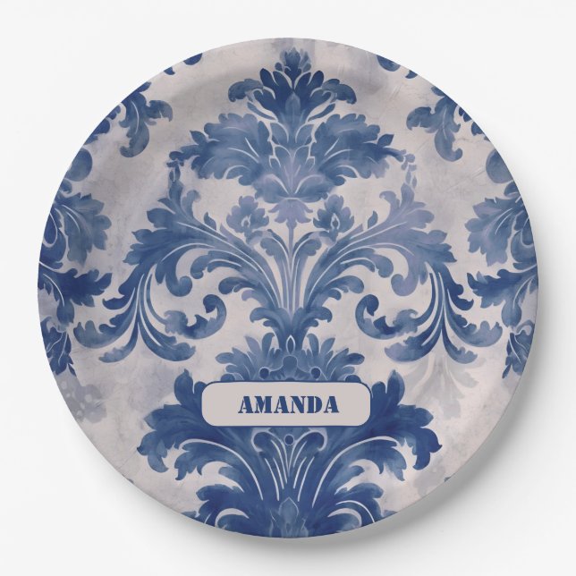 Elegant damask Blue toile de jouy monogram Paper Plate (Front)