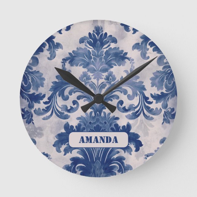 Elegant damask Blue toile de jouy monogram Round Clock (Front)