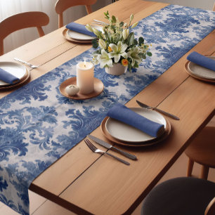 Elegant damask Blue toile de jouy monogram Short Table Runner
