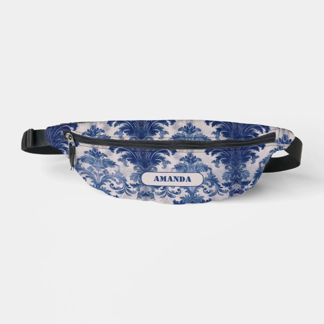 Elegant damask Blue toile de jouy monogram Sling B Fanny Pack (Front)