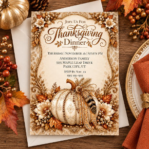Elegant Damask Boho Pumpkin Thanksgiving Dinner Invitation