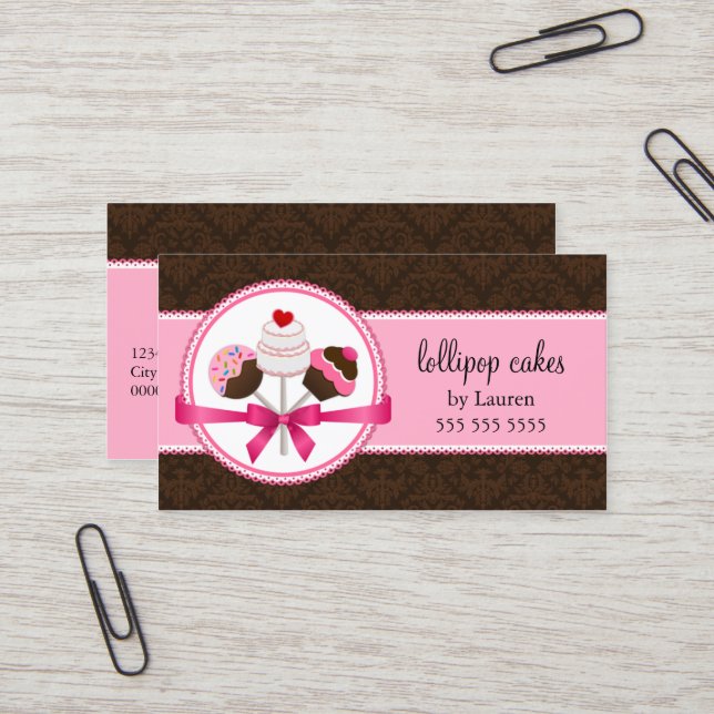 Elegant Damask Cake Pops Bakery Business Card (Front/Back In Situ)
