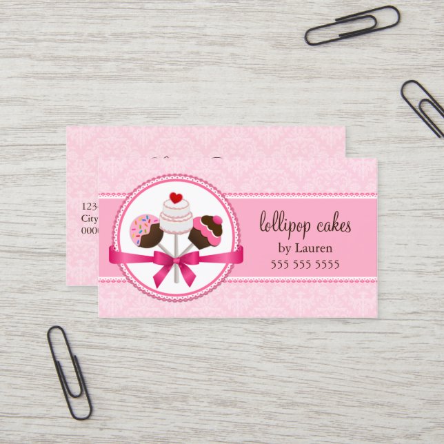 Elegant Damask Cake Pops Bakery Business Card (Front/Back In Situ)