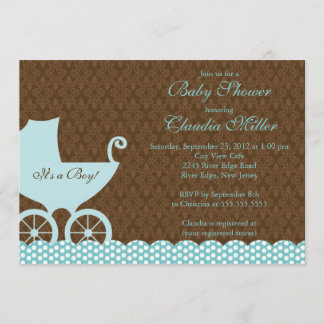 Elegant Damask Carriage Boy Baby Shower Invitation