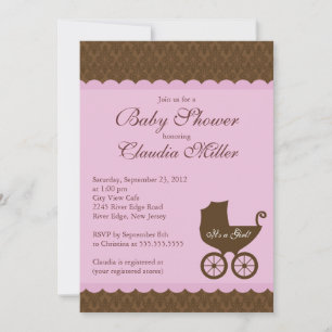 Elegant Damask Carriage Gir Baby Shower Invitation