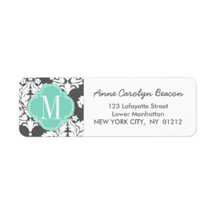 Élégant Damask Charcoal & Aqua Custom Monogramme