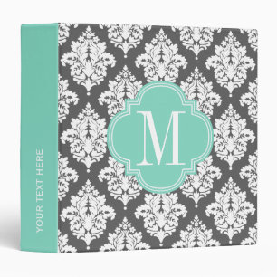 Elegant Damask Charcoal & Aqua Custom Monogrammed Binder