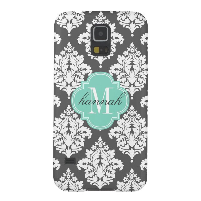 Elegant Damask Charcoal & Aqua Custom Monogrammed Case-Mate Samsung Galaxy Case (Back)
