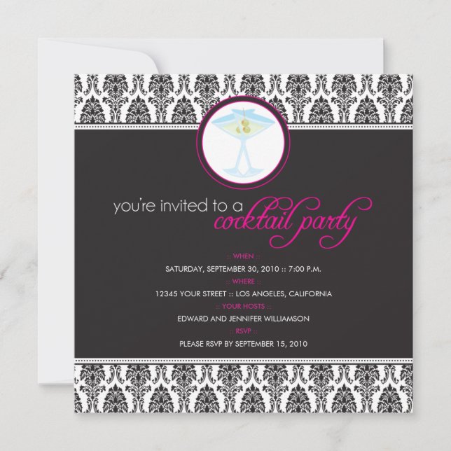 Elegant Damask Cocktail Party Invitation (fuschia) (Front)